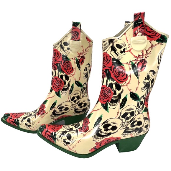 NWOT Rose & Skull Rain Boots Women's Size 11 (Runs Small) Western Rain Boots - Picture 2 of 13